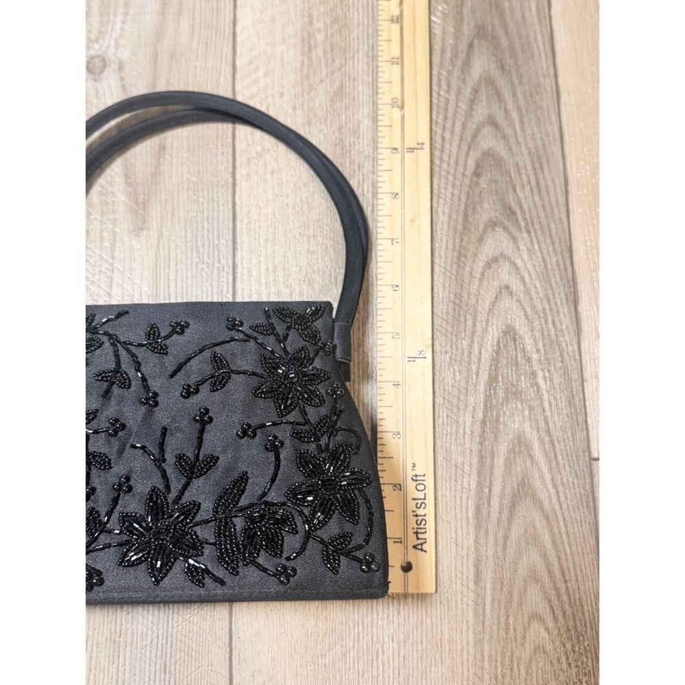Vintage Black Satin Beaded Floral Evening Bag Handbag Magnetic Snap Closure - Picture 8 of 9